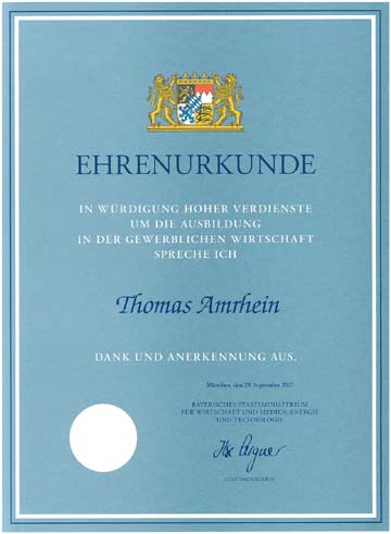 Ehrenurkunde Ausbildung für Thomas Amrhein